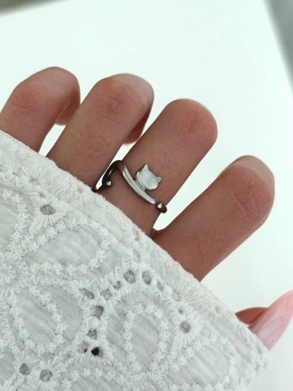 Sku0626 Silver Adjustable ring kitty cat Stainless steel + gift box